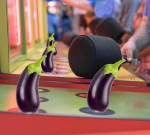 The game whack-a-mole set in an arcade, with several eggplants edited to sit over the holes the moles would come out of