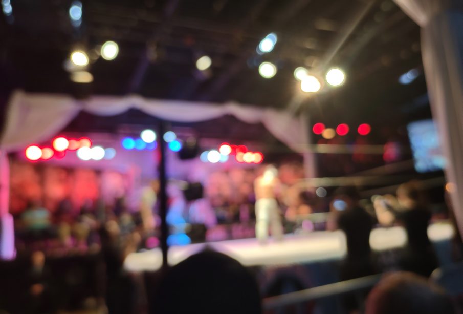 An out-of-focus photo of a wrestling ring during AAW United We Stand on July 9, 2021 in Merrionette Park, Illinois