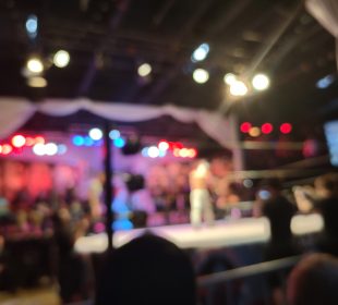 An out-of-focus photo of a wrestling ring during AAW United We Stand on July 9, 2021 in Merrionette Park, Illinois