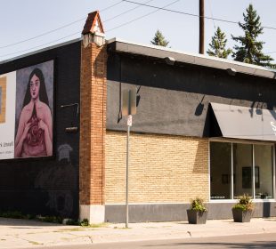 The Slate Art Gallery building from an angle, displaying both the entrance and the billboards for Summer Rhubarb and the next show, Maia Stark’s Unwell.