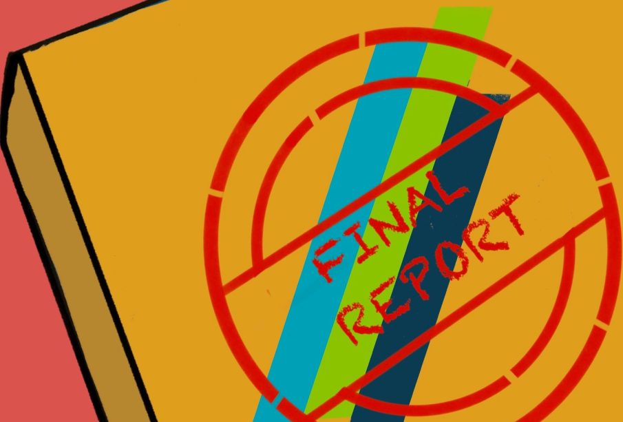 ‘Final Report’ is stamped in red on a yellow file with a pink background.