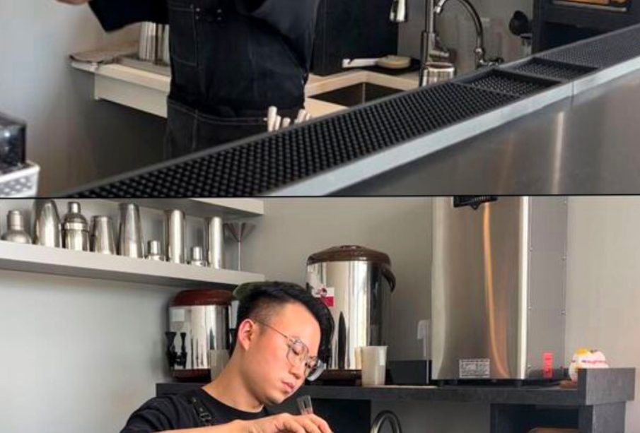 This image shows a person standing behind a counter. The kitchen is industrial with clean metal, and the person is wearing glasses and a kitchen apron. The top image shows the person shaking bubble tea in a metal cup, and the bottom image shows them pouring it into a glass.