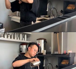 This image shows a person standing behind a counter. The kitchen is industrial with clean metal, and the person is wearing glasses and a kitchen apron. The top image shows the person shaking bubble tea in a metal cup, and the bottom image shows them pouring it into a glass.