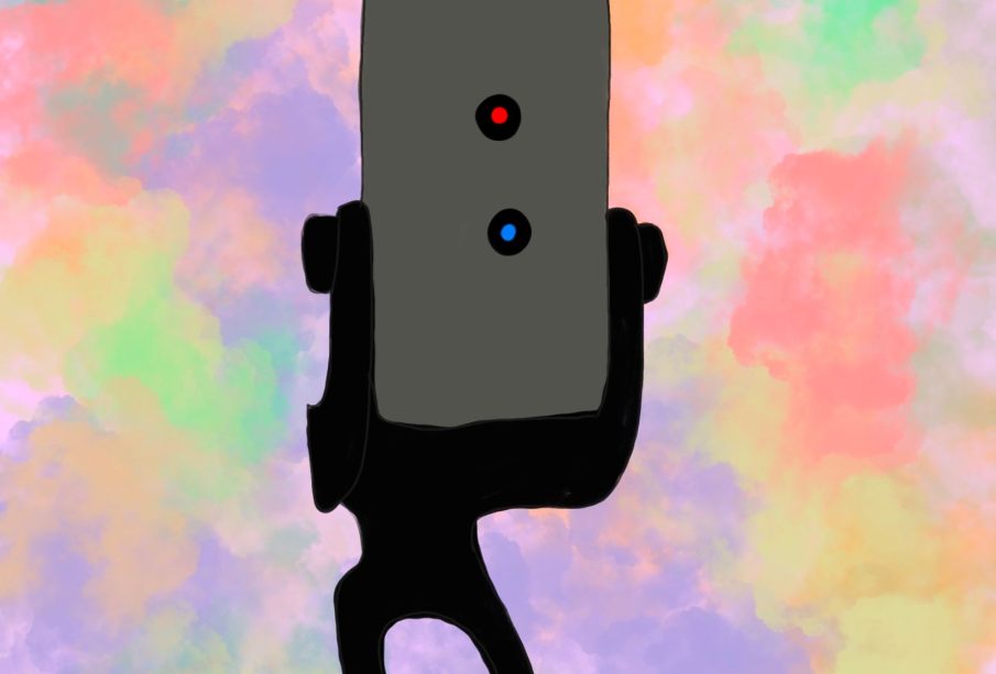 This digital drawing has a watercolour background with a professional microphone in the center.