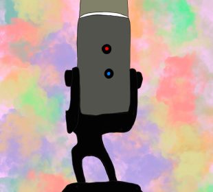 This digital drawing has a watercolour background with a professional microphone in the center.