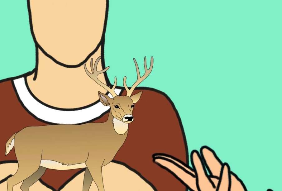 A person in a burgundy shirt and grey toque stands with their hands outstretched, holding a buck (male deer) in their hands, with the intent of passing the buck to another pair of outstretched hands in the bottom-right side of the frame.