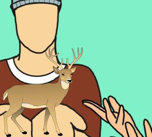 A person in a burgundy shirt and grey toque stands with their hands outstretched, holding a buck (male deer) in their hands, with the intent of passing the buck to another pair of outstretched hands in the bottom-right side of the frame.