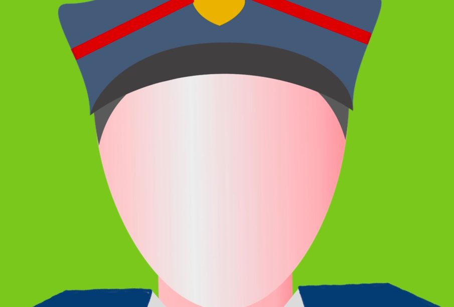 A cartoon RPS police officer sits in uniform on a green background.