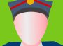 A cartoon RPS police officer sits in uniform on a green background.