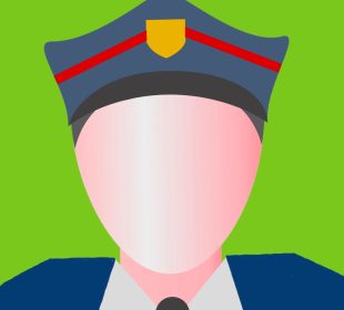 A cartoon RPS police officer sits in uniform on a green background.