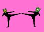 Two silhouette outlines of people have their legs raised, kicking toward each other. The figure on the left has the U of R’s logo in place of a head, and the figure on the right wears the U of S logo.