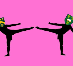 Two silhouette outlines of people have their legs raised, kicking toward each other. The figure on the left has the U of R’s logo in place of a head, and the figure on the right wears the U of S logo.