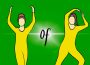 Two dancers stand against a green background. The dancer on the left has their arms raised to spell the letter “U,” “of” is written in the middle, and on the right side the second dancer is posing in the shape of the letter “R.”
