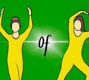 Two dancers stand against a green background. The dancer on the left has their arms raised to spell the letter “U,” “of” is written in the middle, and on the right side the second dancer is posing in the shape of the letter “R.”