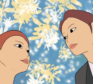 This image is an artistic rendering of a Korean couple. The couple stares at each other lovingly, and there are sparkly florals in the background.