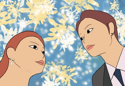 This image is an artistic rendering of a Korean couple. The couple stares at each other lovingly, and there are sparkly florals in the background.