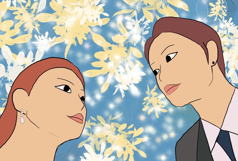 This image is an artistic rendering of a Korean couple. The couple stares at each other lovingly, and there are sparkly florals in the background.