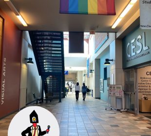 Students walk down the Riddell Centre hallway with the ‘Carillon on the Move’ logo stamped in the corner.