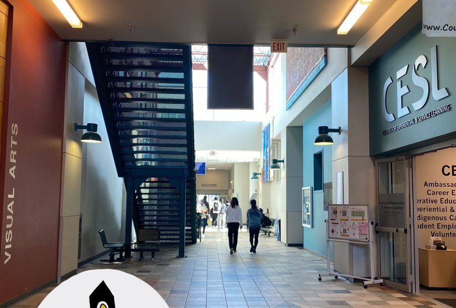 Students walk down the Riddell Centre hallway with the ‘Carillon on the Move’ logo stamped in the corner.