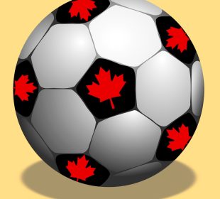 A soccer ball sits against a yellow background, and every black patch on the soccer ball has a red maple leaf in the middle of the patch.