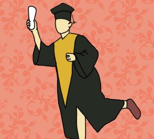Student dressed in a graduation cap and gown runs away with their diploma.