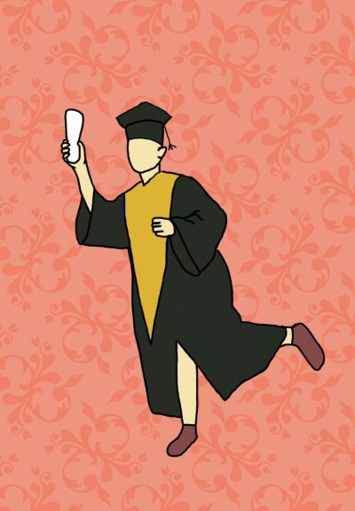 Student dressed in a graduation cap and gown runs away with their diploma.