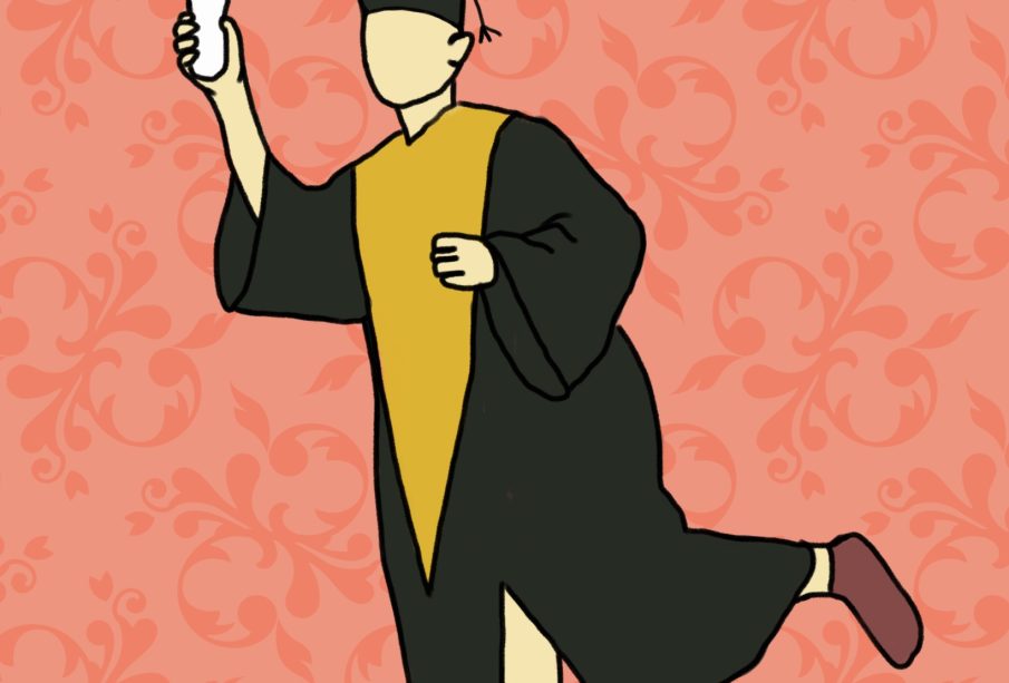Student dressed in a graduation cap and gown runs away with their diploma.