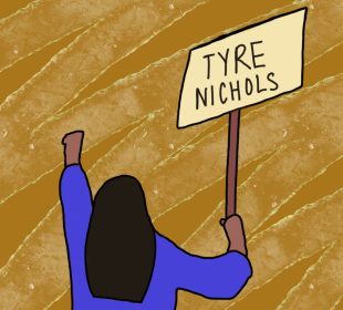 The back of an animated protestor wearing a purple shirt holds up a sign that says “Tyre Nichols.” The background is light brown.