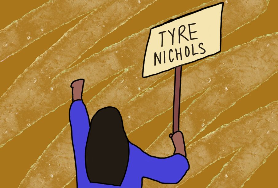 The back of an animated protestor wearing a purple shirt holds up a sign that says “Tyre Nichols.” The background is light brown.