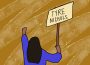 The back of an animated protestor wearing a purple shirt holds up a sign that says “Tyre Nichols.” The background is light brown.