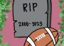 A football sits against a grey gravestone in a garden with the words “RIP 2000-2023” inscribed on the stone.
