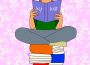 A person reading a self-help book, sitting on top of a pile of other books