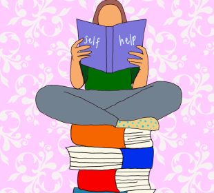 A person reading a self-help book, sitting on top of a pile of other books