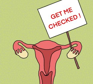 A uterus with a sign that says ‘Get me Checked’ sits on a green background.
