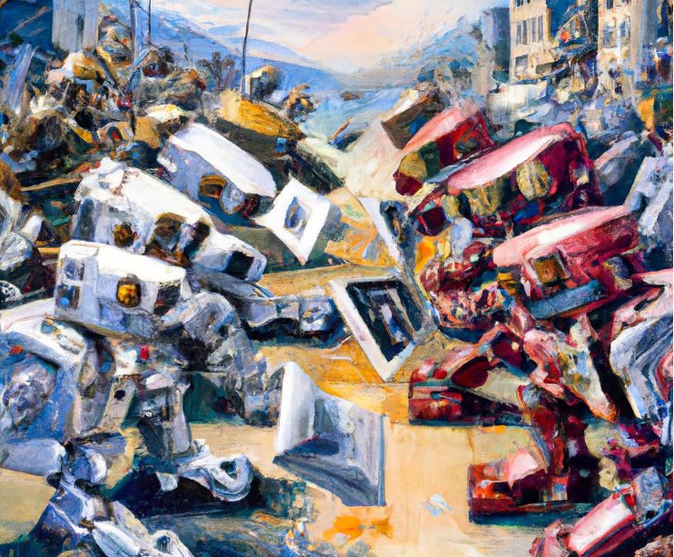 Two robot armies face off before battle. 