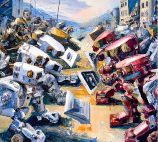 Two robot armies face off before battle. 