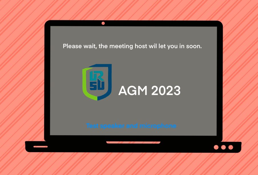 A laptop screen showing a Zoom waiting screen that says “Please wait, the meeting host will let you in soon,” and the URSU logo with the text “AGM 2023.”