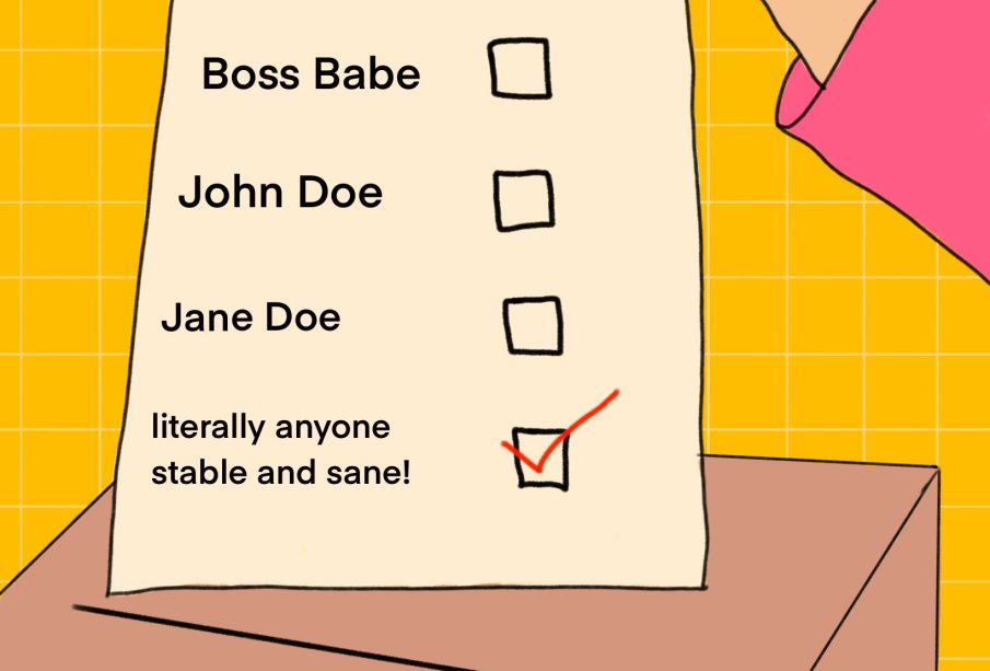 A sketch of a paper ballot with check boxes next to names of candidates and the last box saying ‘literally anyone stable and sane’ with a check mark next to it