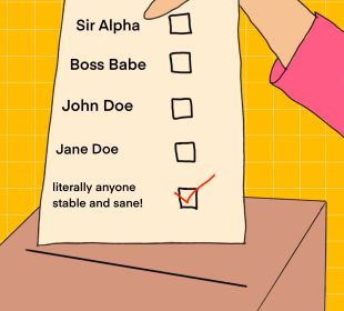 A sketch of a paper ballot with check boxes next to names of candidates and the last box saying ‘literally anyone stable and sane’ with a check mark next to it