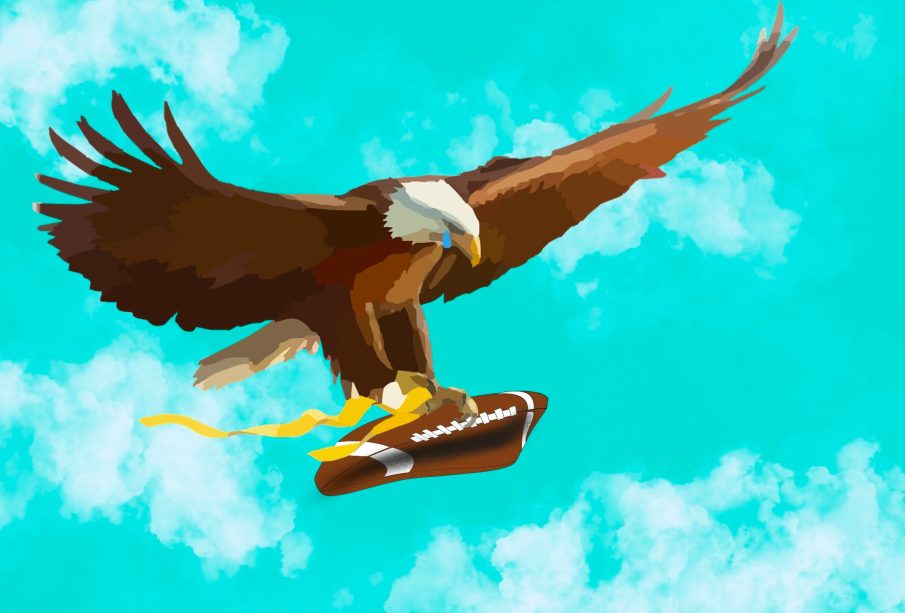 A crying eagle flying through a cloudy sky carries a deflated football in its talon.