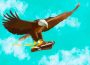 A crying eagle flying through a cloudy sky carries a deflated football in its talon.