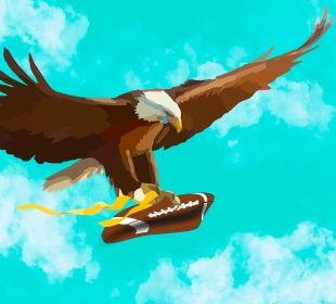 A crying eagle flying through a cloudy sky carries a deflated football in its talon.