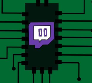 This image shows a digital drawing of a computer chip with wires extending outward. In the center of this computer chip is the twitch icon.
