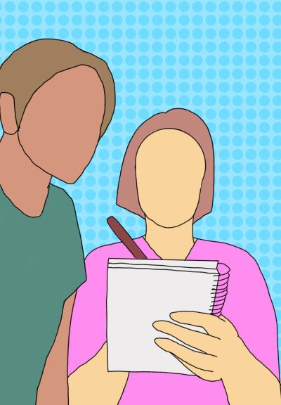 Two people work together filling out a drug prescription on a piece of paper.