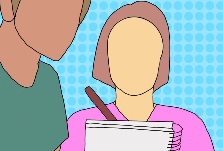 Two people work together filling out a drug prescription on a piece of paper.