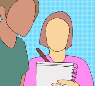 Two people work together filling out a drug prescription on a piece of paper.