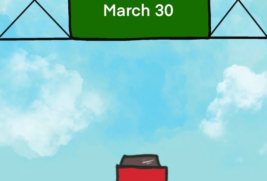 A red car is driving away from the frame down a highway, and there is a green sign above that reads “MLB season March 30.”