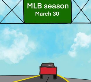 A red car is driving away from the frame down a highway, and there is a green sign above that reads “MLB season March 30.”