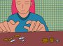 A person sitting at a desk counting change.