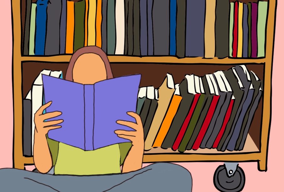 A cartoon drawing of a person sitting on the floor next to a bookshelf, reading a book. Several others are scattered around.
